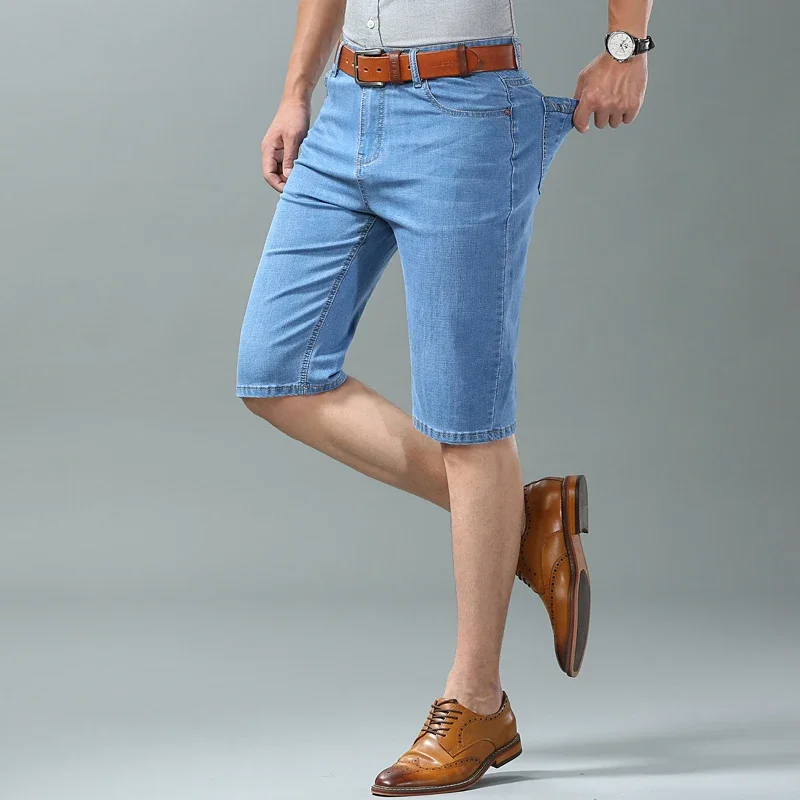 Summer Men business Denim Shorts Thin Straight Casual Short Jeans Male office Brand Clothing Black Blue short pants