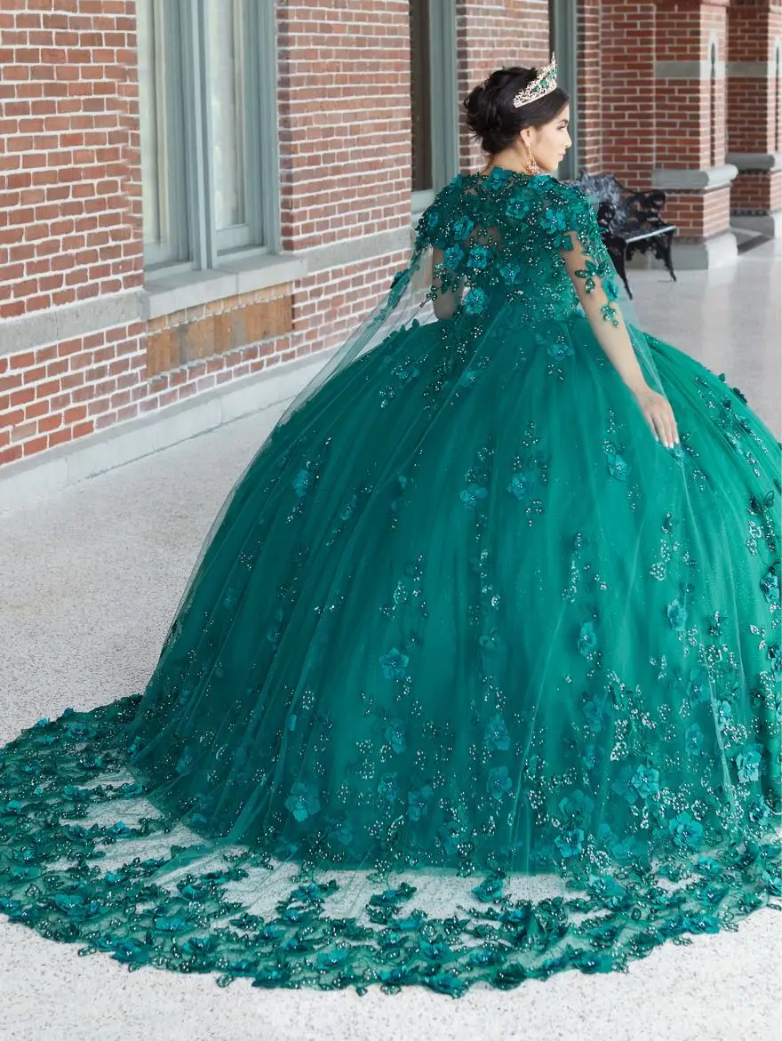 Lorencia Dark Green Quinceanera Dresses 2023 Ball Gown With Cap 3D Flower Appliques Beading Sweet 16 Vestido De 15 Anos YQD164