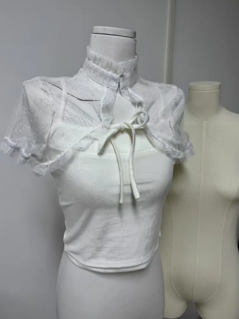 

Кружевная одежда с вышивкой Ropa Mujer, сетчатая одежда, женская милая одежда Spice Girl, летние топы с короткими рукавами на шнуровке