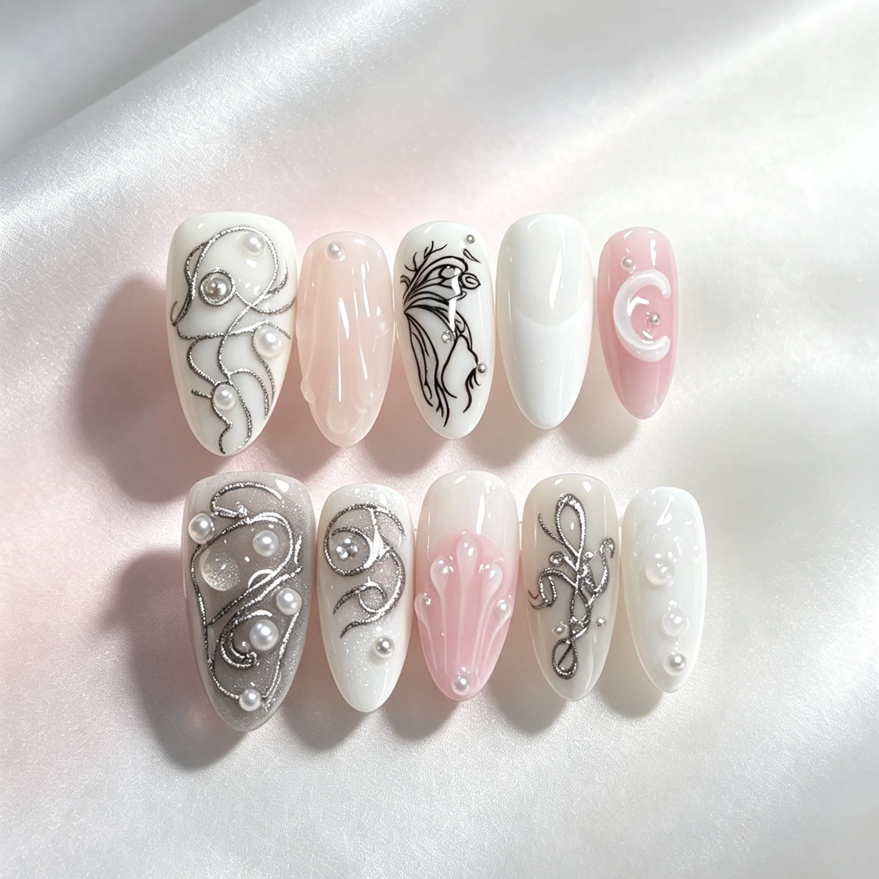Uñas Postizas Medianas Almendradas, 10 Piezas, Color Nude con Línea Plateada, Perla, Luna y Mariposa, Uñas Postizas Hechas a Mano, Estilo Y2K