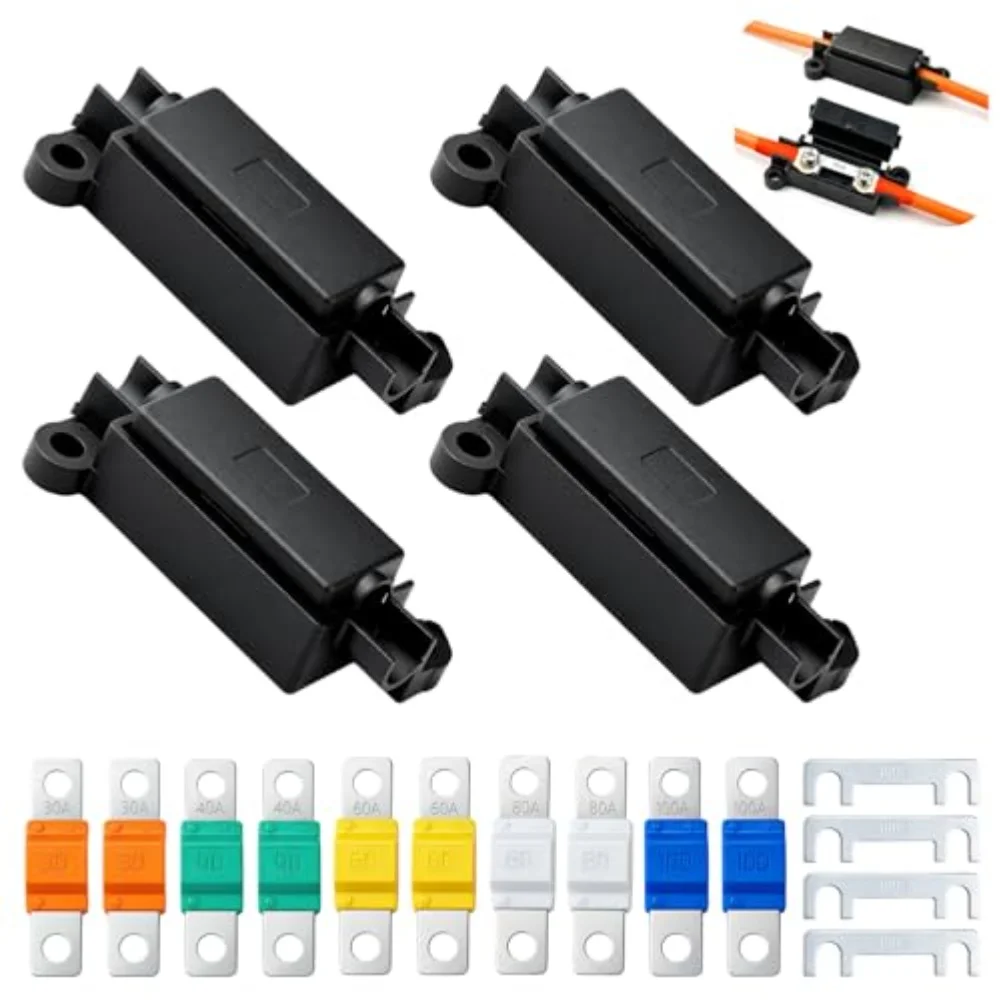 Automotive For Midi Fuse Holder Kit 4 Sets Including 14 Fuses 30A to 100A for Cars Trucks RVs and Farm Machinery