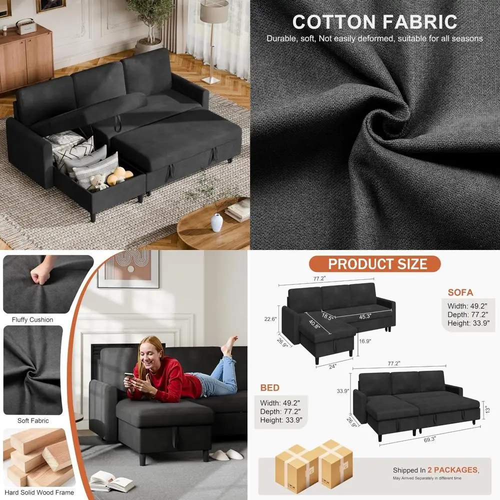 أريكة نوم قابلة للتحويل مع مساحة تخزين، سرير أريكة من قماش الكتان على شكل حرف L لغرفة المعيشة #1