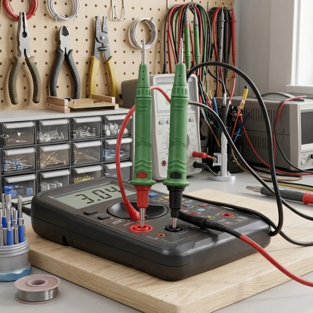 MT02 Multimeter Test Probe Kit Nickel Plated Fine Tips Green ABS Housing for Digital Multimeter and PCB Repair