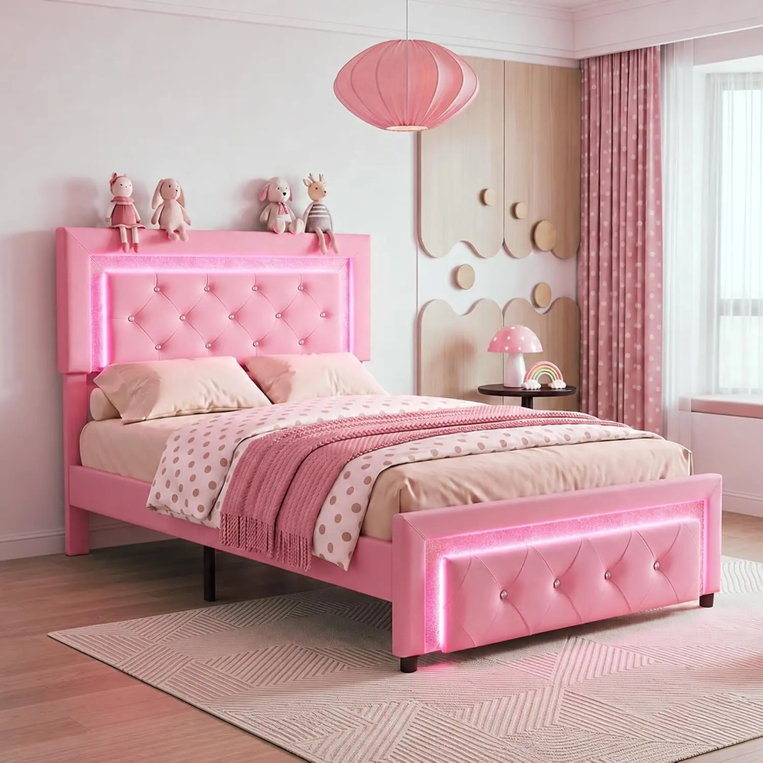 Twin Bed Frame LED Lights Tufted Headboard Pink App RGB Lighting PU Wood Slats No Box Spring, Customized