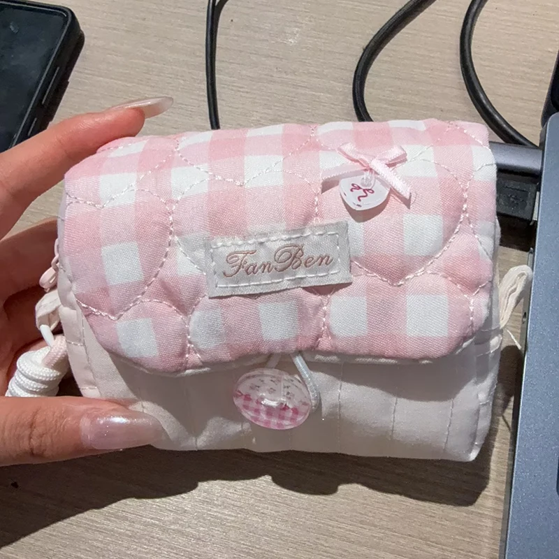 Fashion Pink Plaid Quilted Cosmetic Bag Korean Style Sweet Lace Bow Small Storage Pouch Portable Makeup Bag Girls Coin Purse