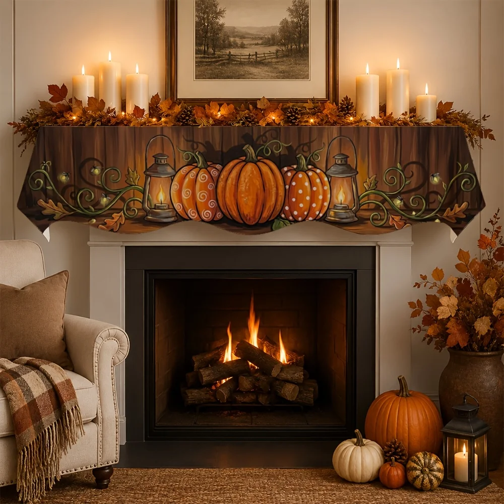 Fall Thanksgiving Fireplace Mantel Scarf Vintage Pumpkin Lantern Mantel Topper Autumn Harvest Fireplace Home Table Decoration