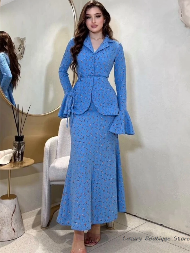 Flare Sleeve Lapel Floral Print Chic Shirts And Long Skirts Twp Piece Set 2024 New Button Fashion Belt Blouse Zipper Skirts Suit