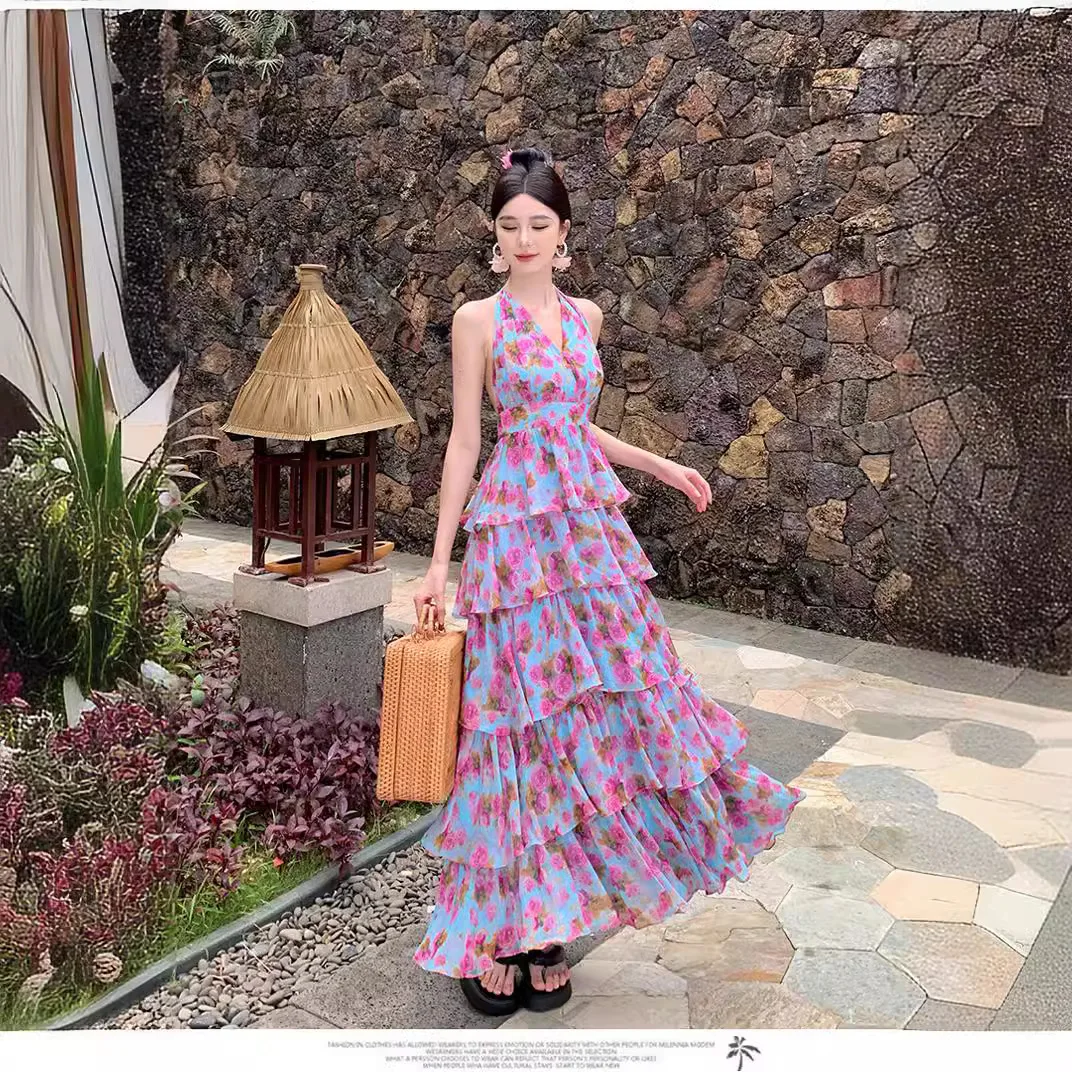 Parisian Floral Dress | Elegant Backless Design | Summer Vacation Boho Chic | Luxury Niche Fashion