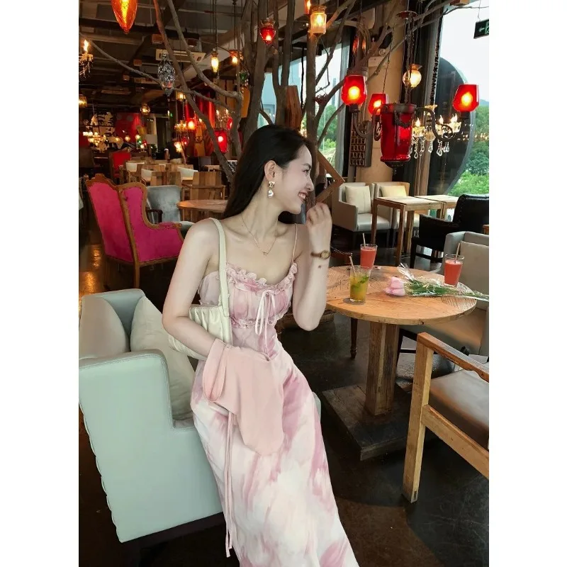 

Женское нежно-розовое макси-платье с эффектом тай-дай, на тонких бретелях, с цветочным кружевом, из шифона, А-силуэта, струящееся, длинное, для лета