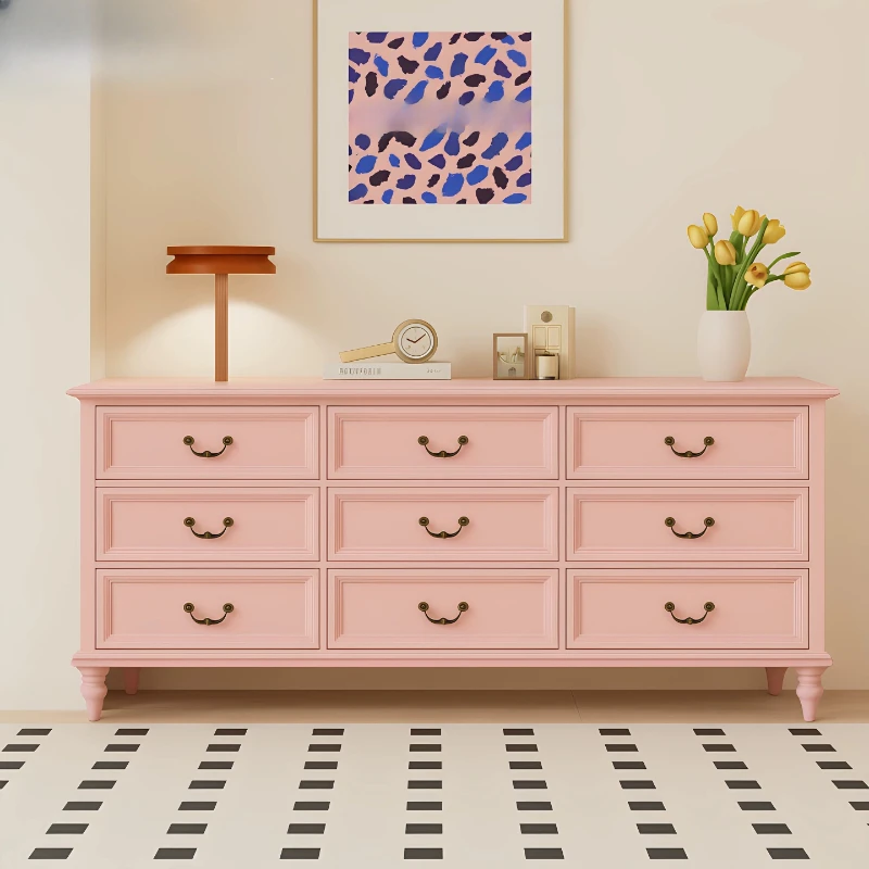 

Pure solid wood log pink retro nine-chest cabinet bedroom living room wall locker