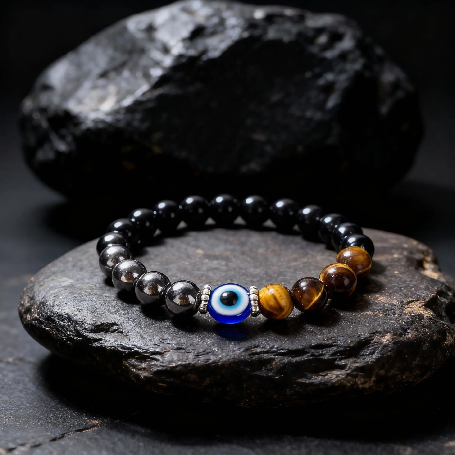 1pc Evil Eye Protection Stretch Bracelet: Faux Tiger's Eye, Blue Evil Eye, Hematite & Black Glass. Triple Protection for Daily W