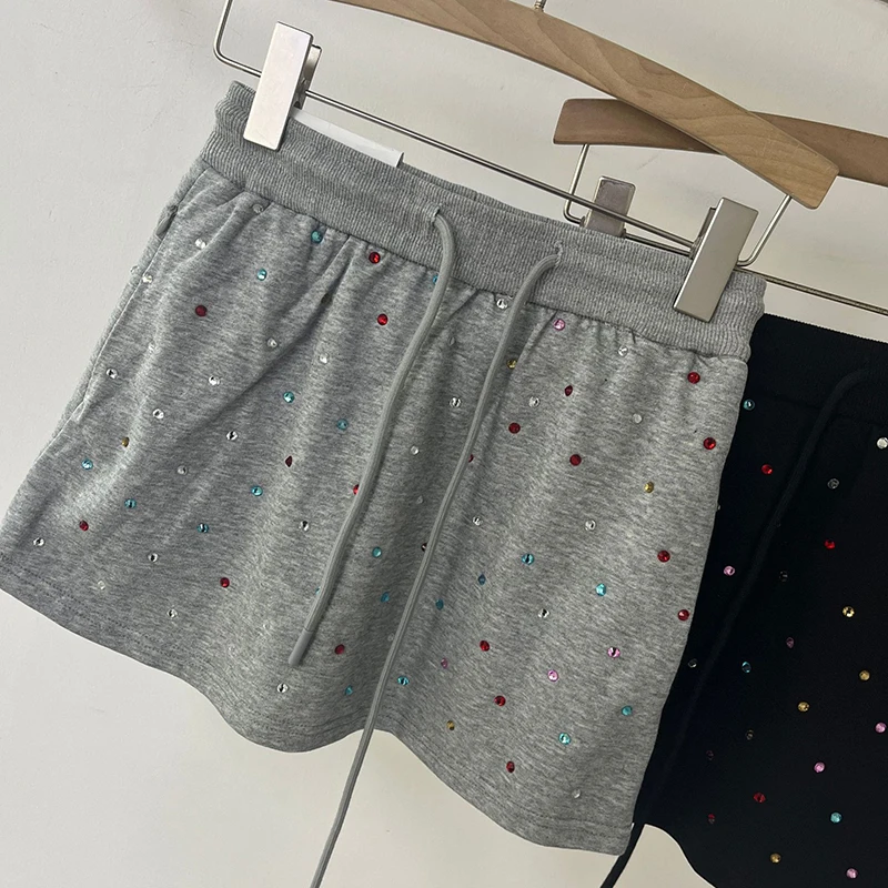 Sports Woman Hot Rhinestone Gray Short Skirt 2024 New Women's Casual Lining Thin Exercise Elastic Waist Anti-Exposure Hip Skirts