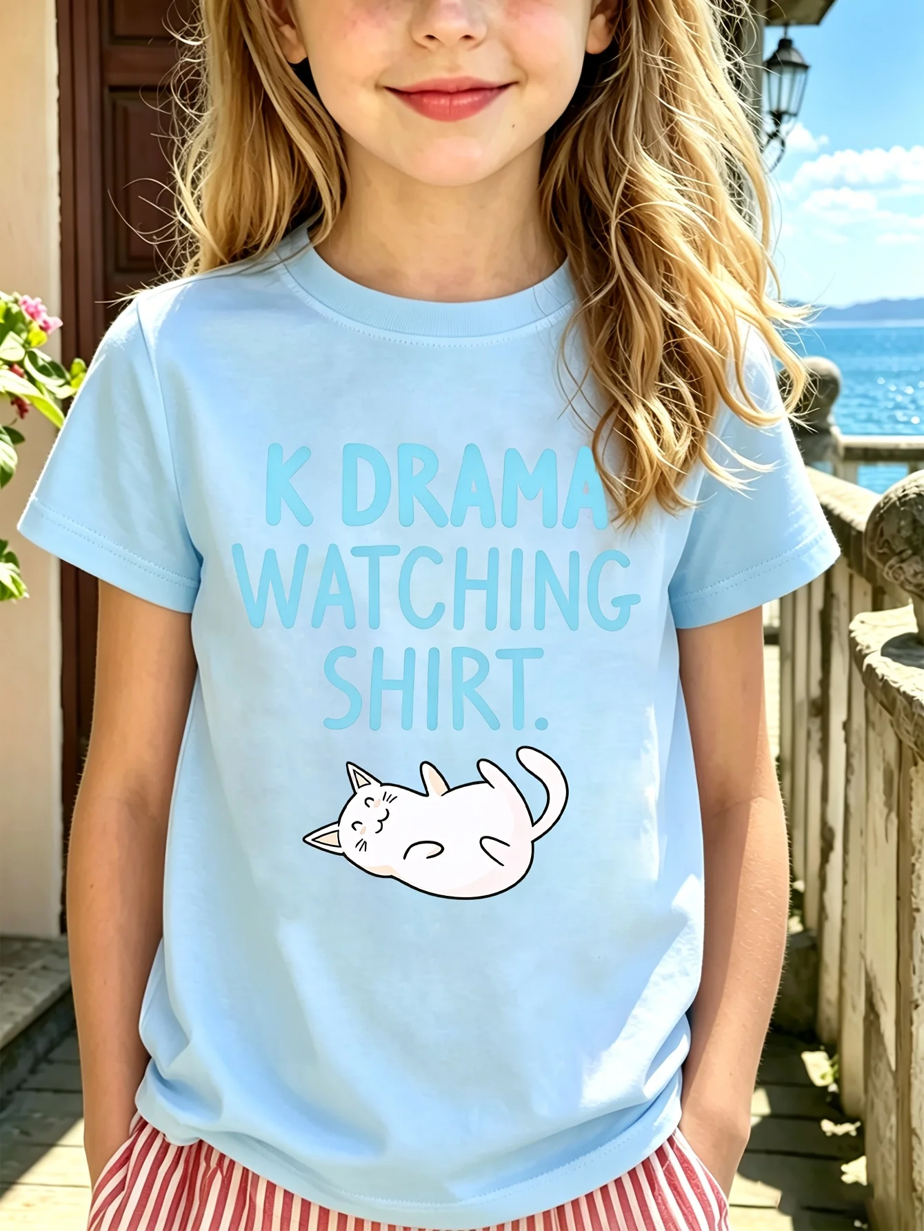 K Drama Watching Shirt Lazy White Cat Letter Graphic Family Matching T Shirt Boys Girls Short Sleeve Summer Crew Neck Casual Top