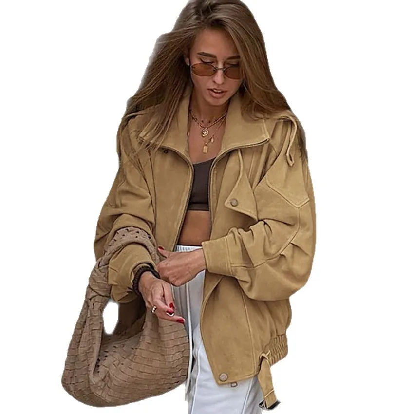 Women's Vintage Khaki Suede Jacket, Oversized Stand Collar Moto Coat with Belt & Buckle Detail, Fall Streetwear