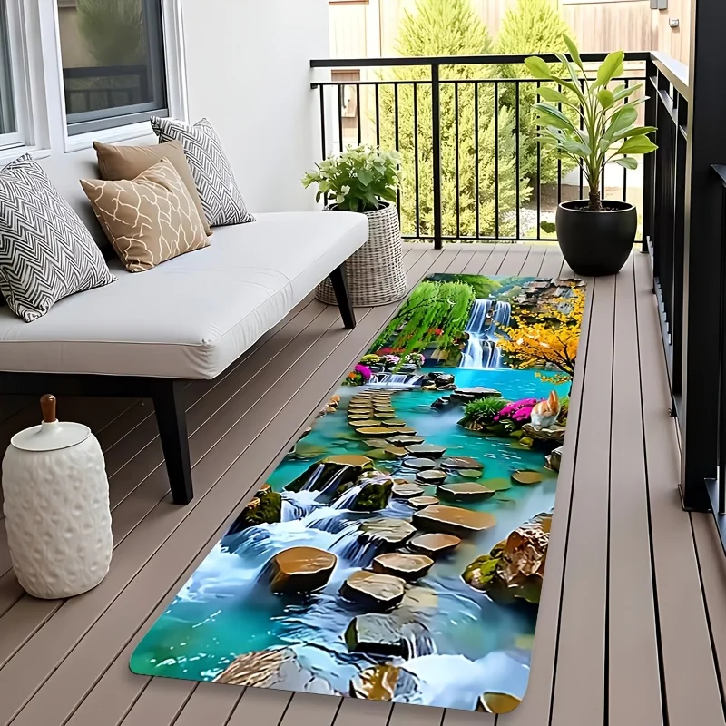 Nature Stream Runner Mat Anti Slip Washable Waterfall Willow Stone Rabbit Landscape Decor Rug Kitchen Bedroom Balcony Bath Floor