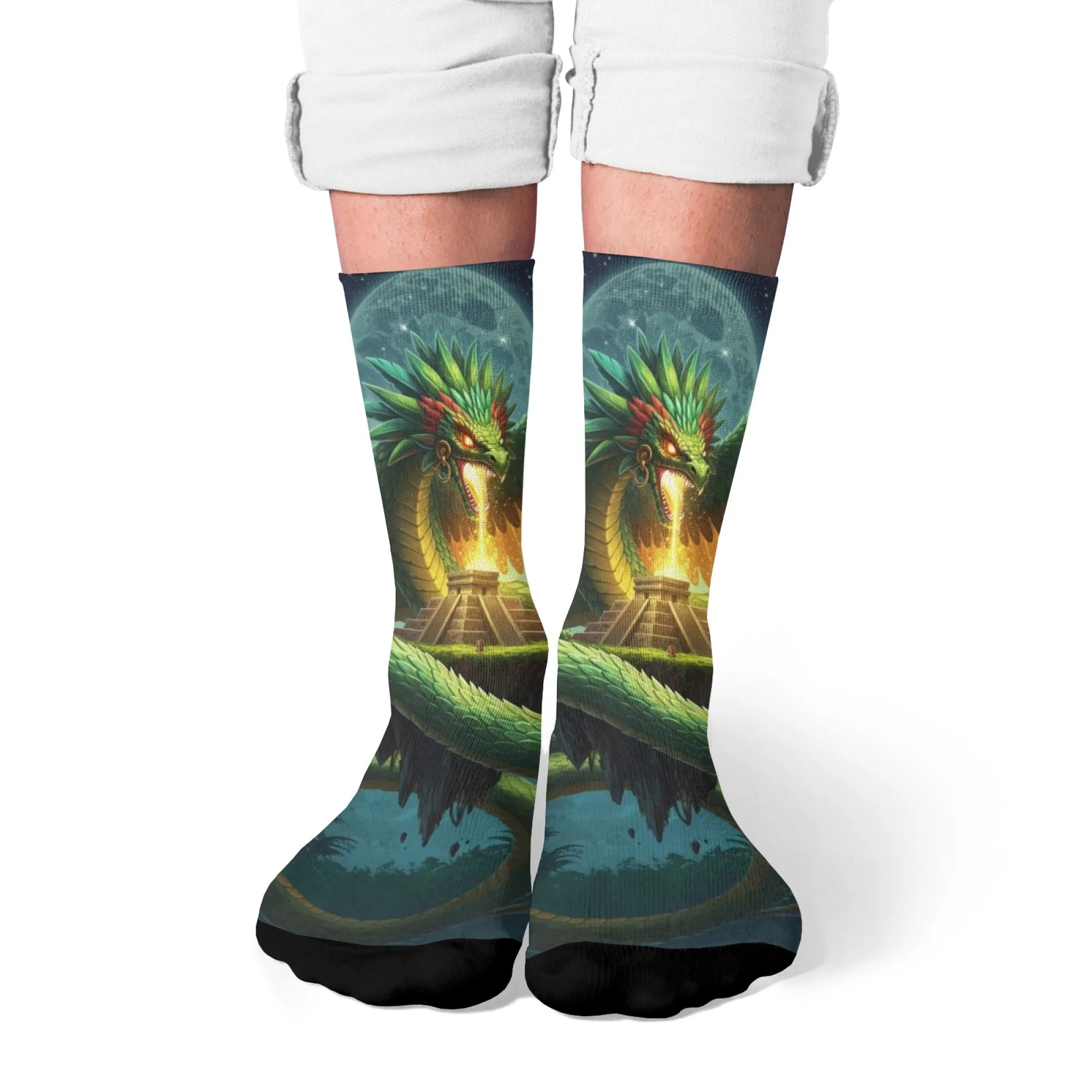 Fantasy Green Dragon Socken für Herren und Damen – Feuerlöschende Crew-Socken mit Drachen- und Pyramidenmuster – Geschenksocken im geheimnisvollen Abenteuer-Stil