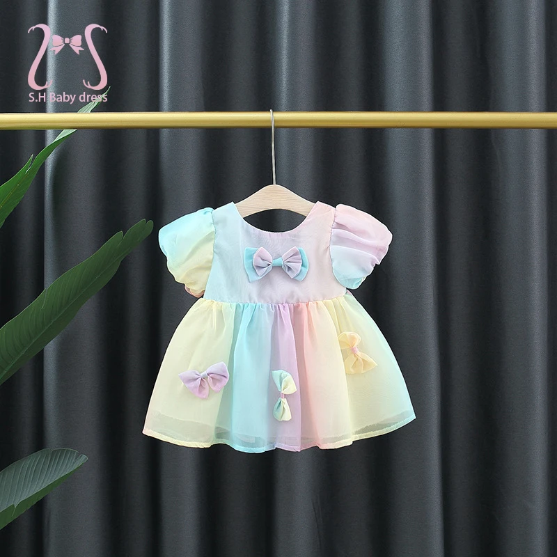 Summer Baby Girls Children Clothes Colorful Bows Toddler Birthday Party Mesh Evening Dress Kids Costume 0 To 3 Years Old