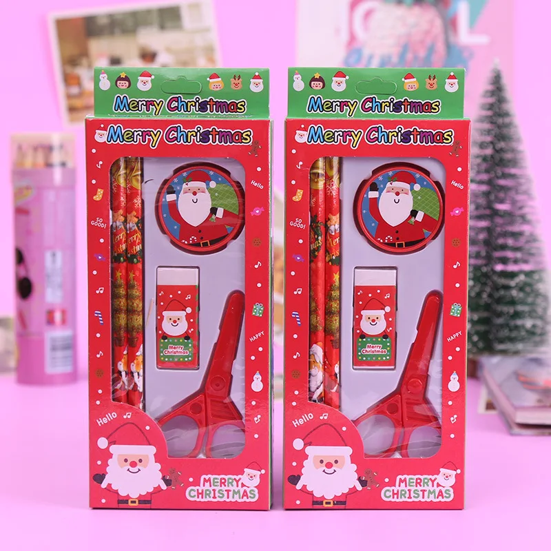 Cartoon Santa Claus Pencil Scissors Stationery Set Student Cute Christmas Rubber Pencil Sharpener Set Of Five