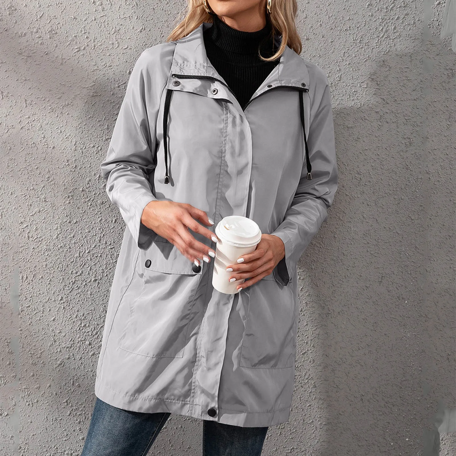 

Outdoor Windproof Ladies Fashionable Loose Rain Jacket Solid Color Lightweight Hooded Zipper Long Windbreaker With Pockets