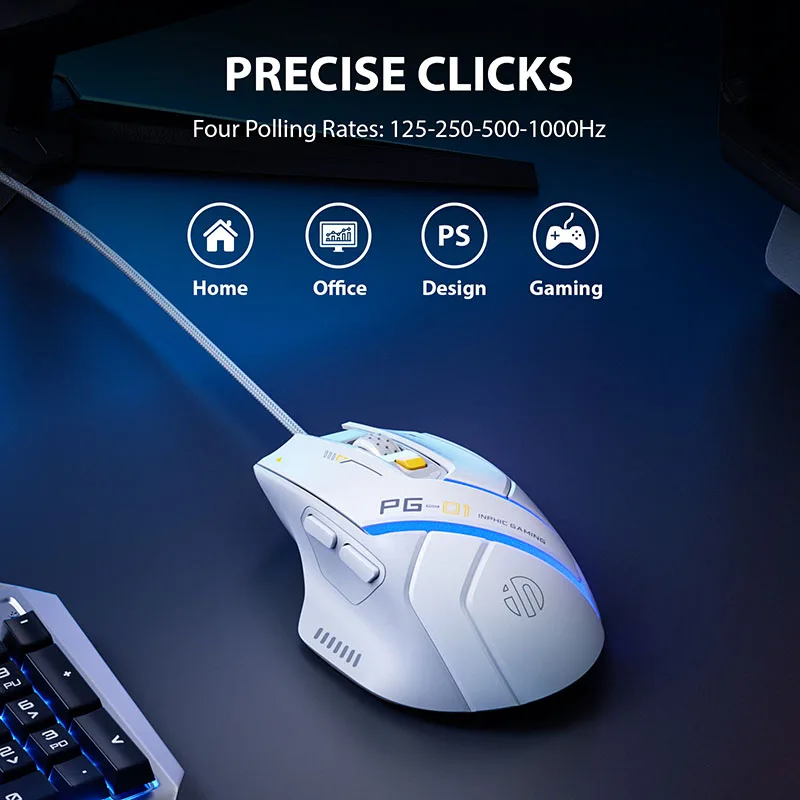 INPHIC-PG1 Wired Gaming Mouse, Programação Macro Ergonômica E-Sports, Periférico Competitivo RGB, Hardware Macro + 1000 Return Rate