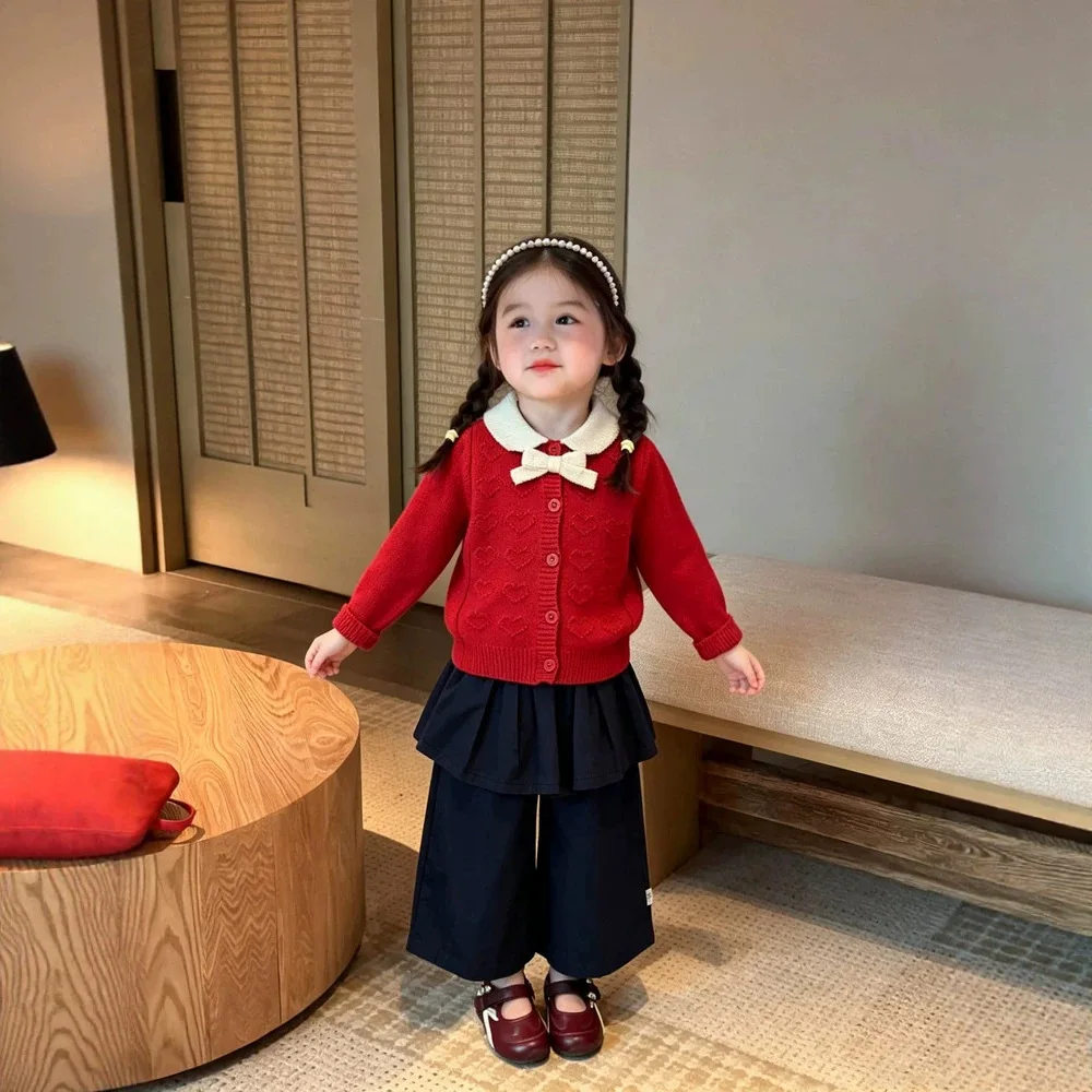 Girls' Red Knitted Cardigan Autumn New Bow Sweater Baby Love Soft Sticky Coat