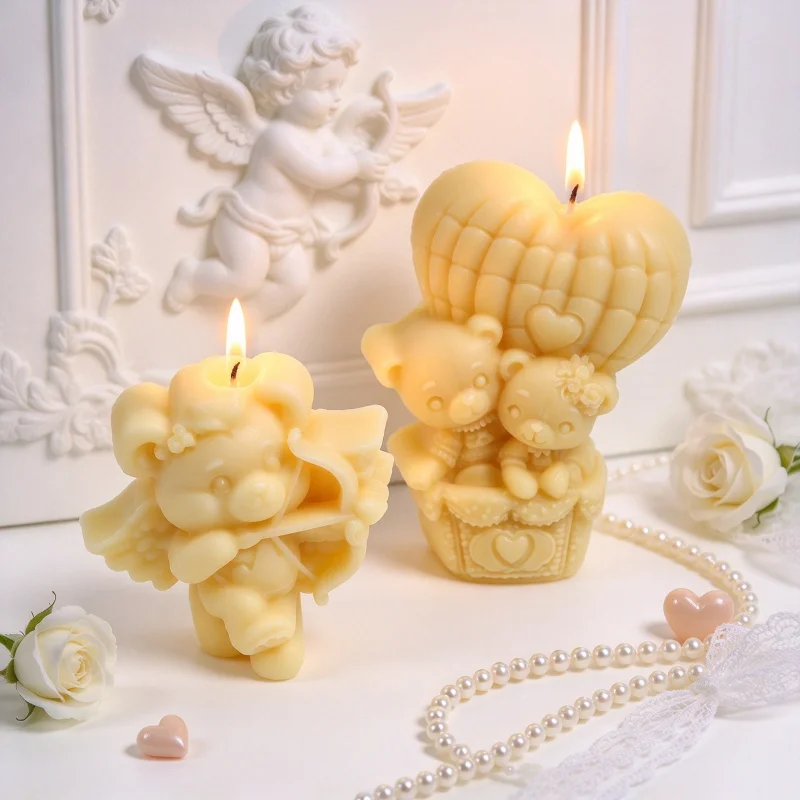 3D Cupid Bear Silicone Candle Molds, Angel Lovers Hot Air Balloon Wax Mould for DIY Soap Resin Plaster Valentine Home Decor Gift