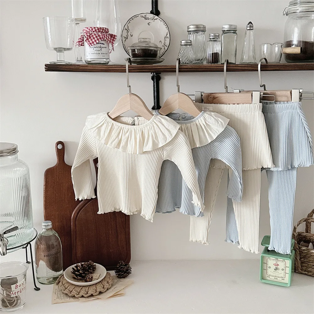 

Baby Girls 2Pcs Casual Suit Pit Strip Lotus Leaf Collar Long Sleeve Top and Skirt Pants Spring Autumn Children's Clothing