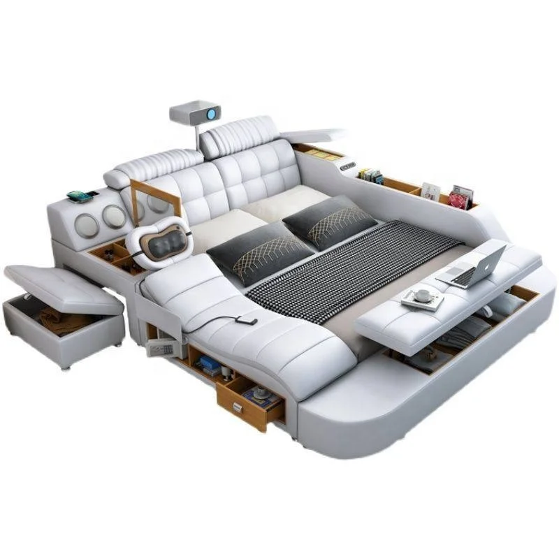 Modern Adjustable Multifunctional Massage Leather Soft Bed with Storage Foldable Wooden Frame Smart Bed