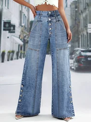 Jean taille haute à jambes larges pour femmes, pantalon long, bouton, amincissant, droit, mode, 2025