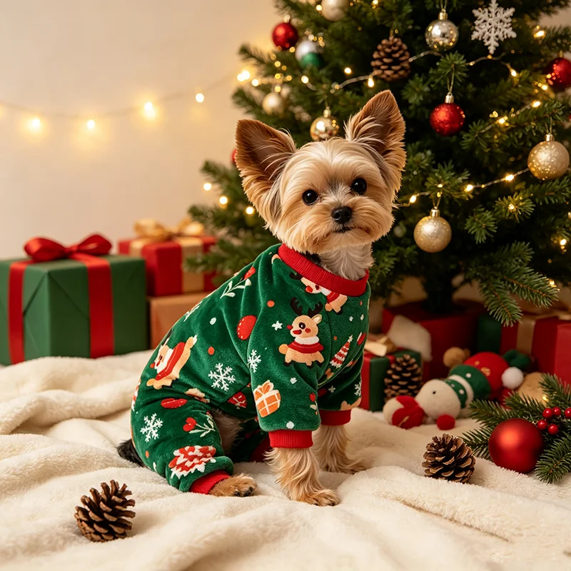 Weihnachtsbaum- und Elch-Hundepyjama, Weihnachtskleidung für kleine Hunde (Jungen und Mädchen), Feiertags-Haustier-Outfit, Hundeschlafanzug, Haustier-Loungewear – Detail 2