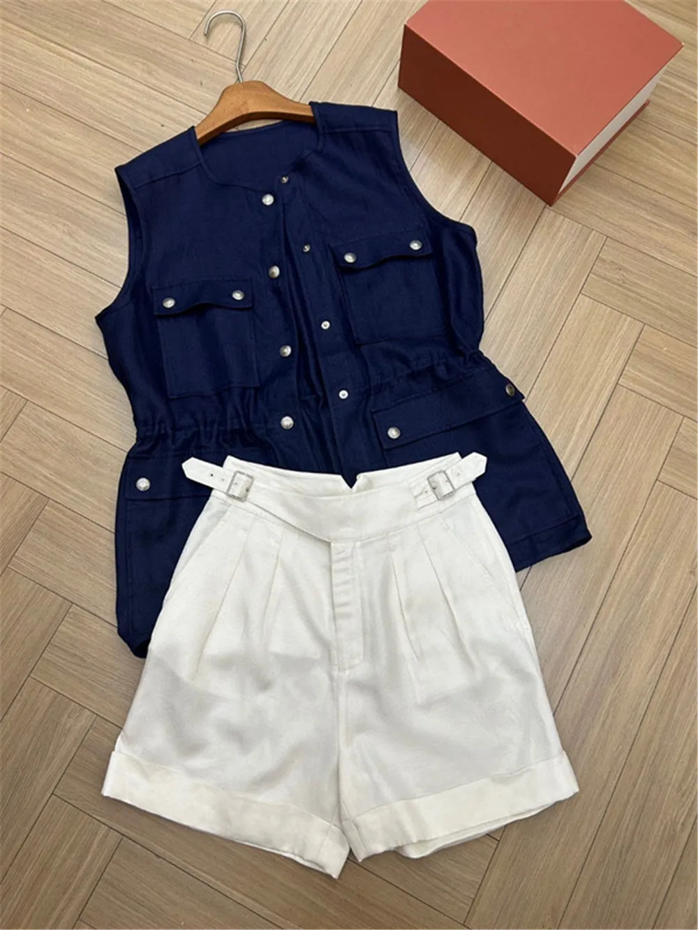 

Summer L* P Women's Linen Vest + Casual Straight Shorts 2 Piece Set