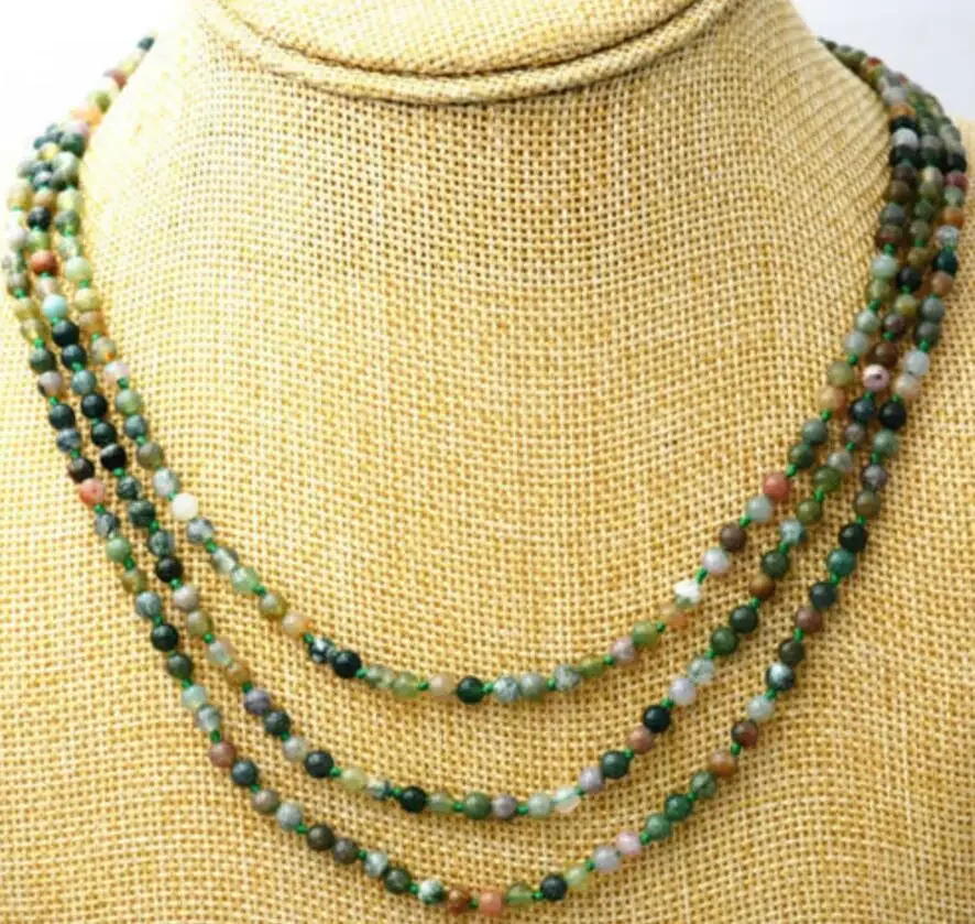 Beautiful 3 rows 4 mm Natural multicolor Indian agates jade beads necklace 17-19inch