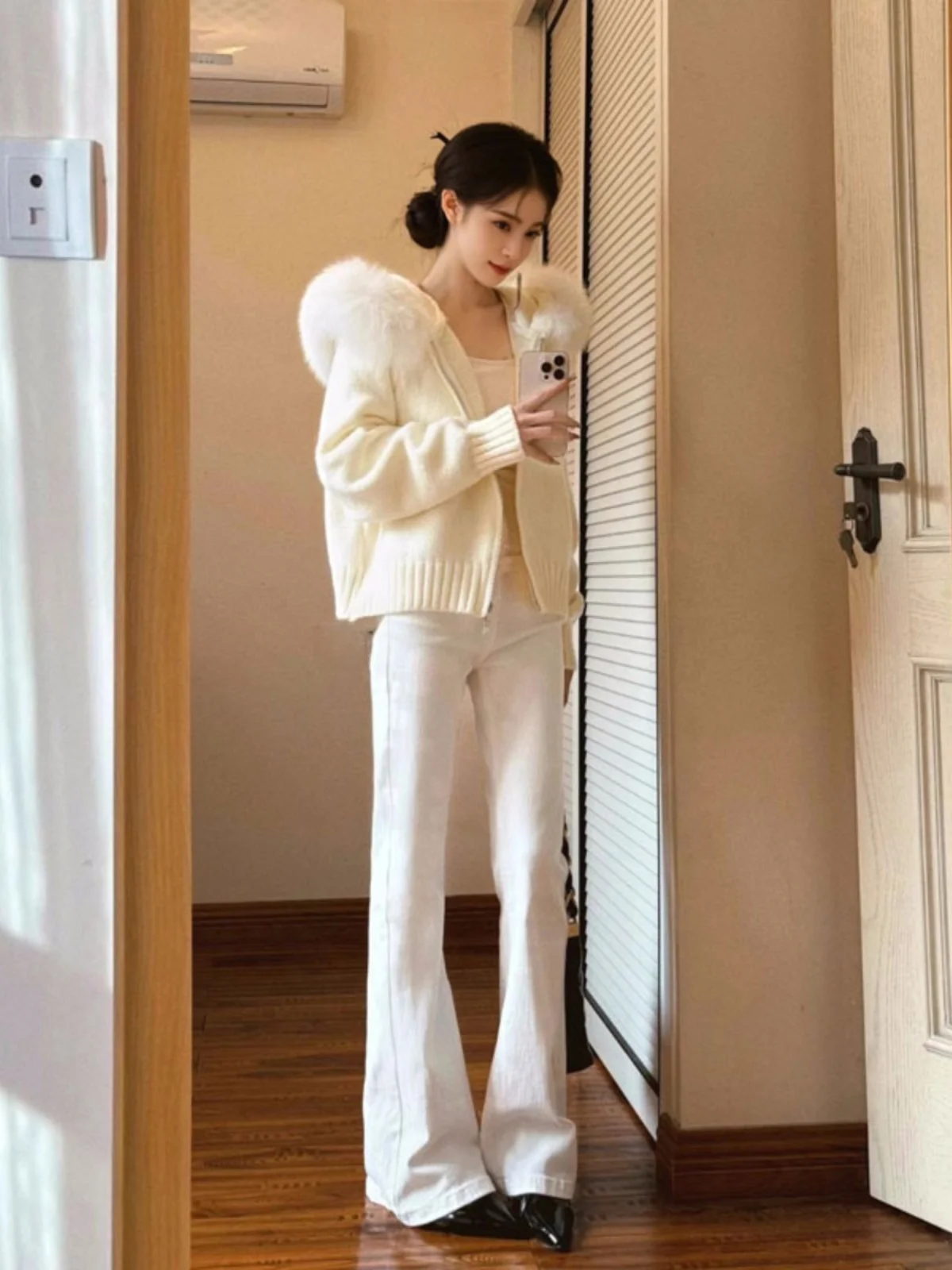 

Korean Style Lazy Hat Sweatshirt Coat Large Fur Collar Spring Fashion Outerwear Comfortable Loose Fit Long Sleeve Knitted Swe...