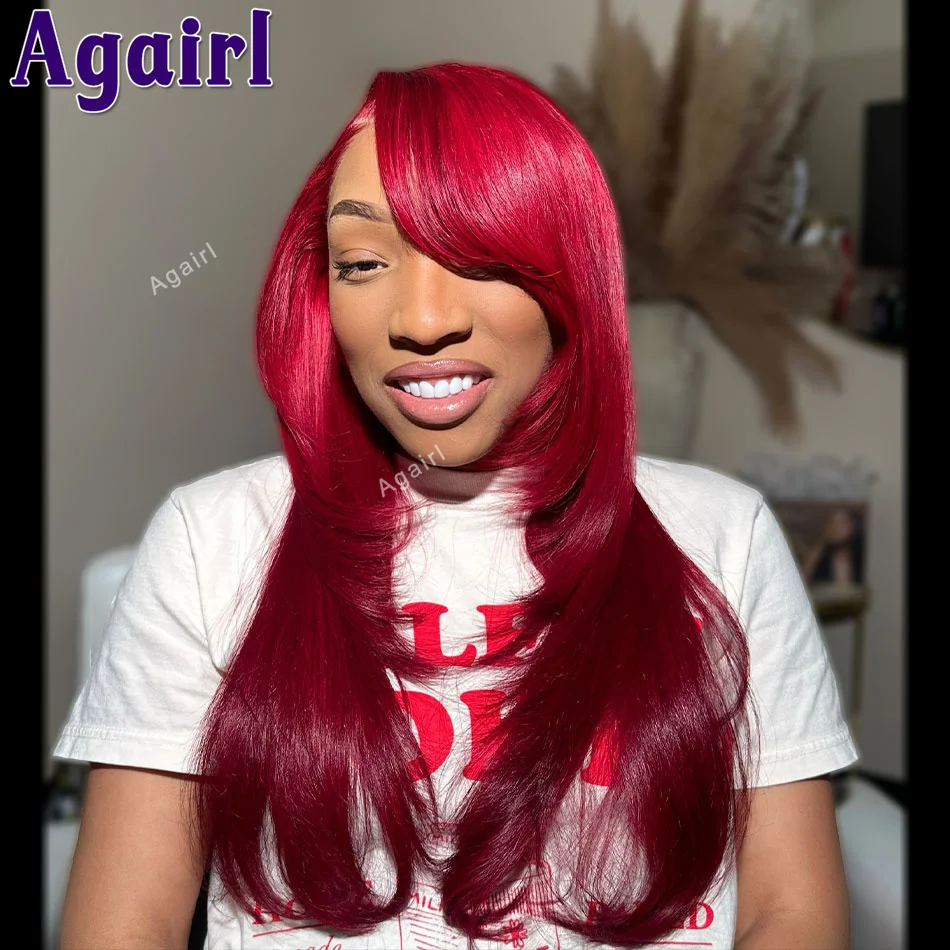 5x5 Lace Closure Wig Cherry Red Colored Wig Straight Hairstyle 13x6 13X4 Lace Frontal Human Hair Wigs Remy Pre-Plucked for Women