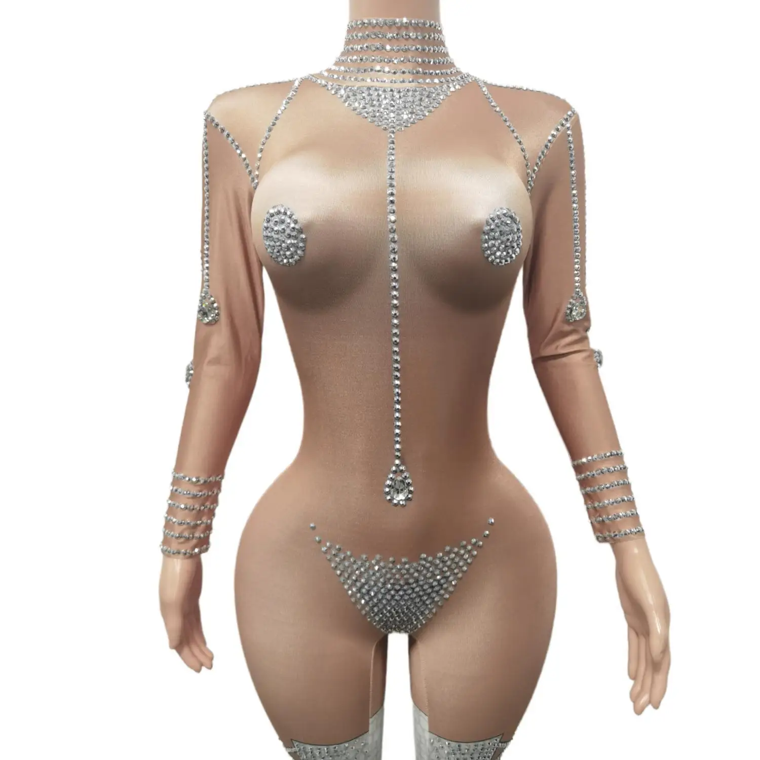 Women Sparkly Rhinestones Jumpsuit Sexy Nude Skinny Nightclub Outfit Performance Dance Costume Singer Stage Show Wear Tuoyiwu