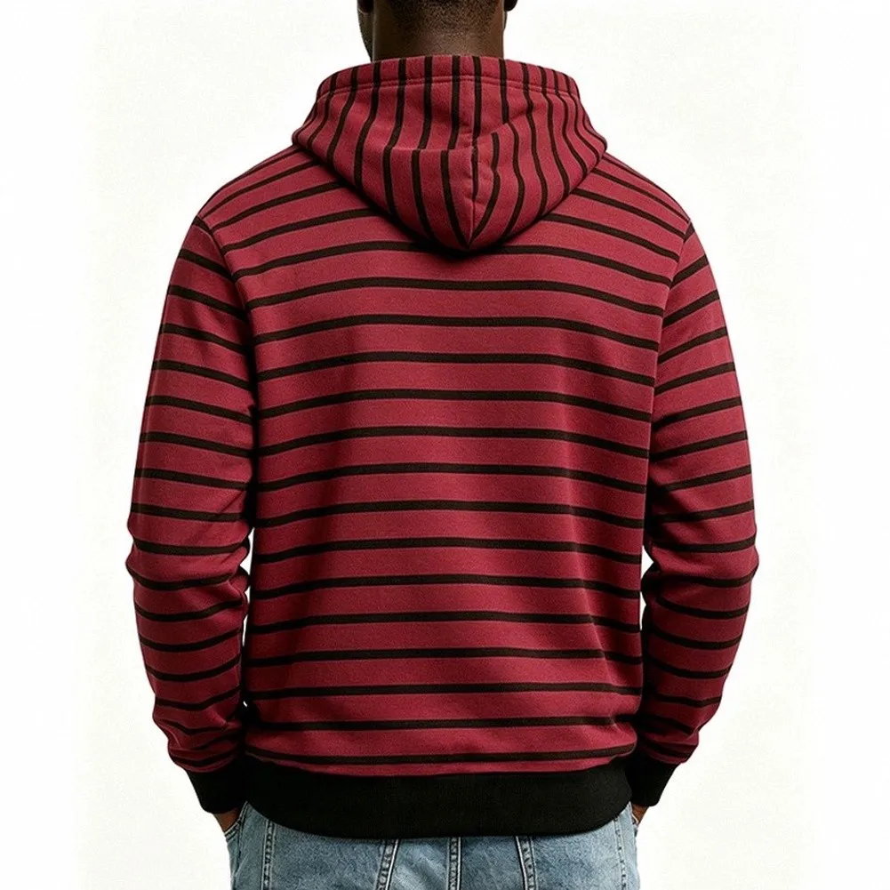Casual Men Striped Hoodie with Hood Drawstring For Henley Button Placket Long Sleeve Sweatshirt Pullover Autumn Winter