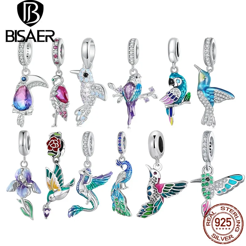 Bisaer 925 Sterling Silver Flower Bird Charm Bead Garden Colorful CZ Animal Plant Pendant Fit Original Bracelets Bangles Jewelry