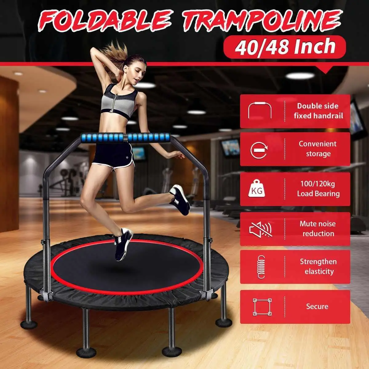 Trampolín plegable de 100/120CM para niños y adultos con reposabrazos, almohadilla redonda para saltar para interiores, trampolines para gimnasio, ejercicio, rebote de Fitness