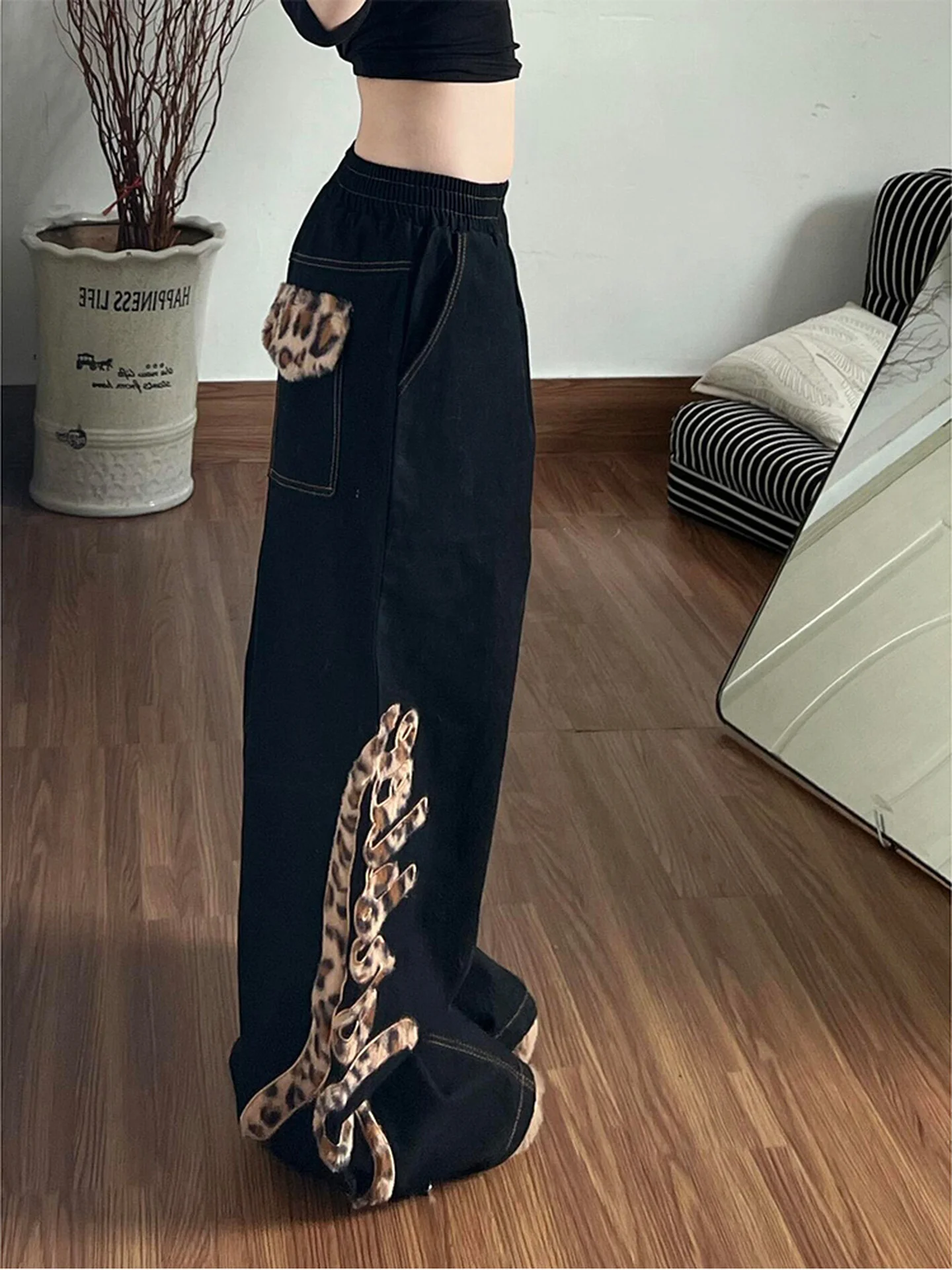 Jean droit à imprimé léopard de style américain pour femmes, automne-hiver, nouveau, taille haute, ample, jambes larges, pantalon long