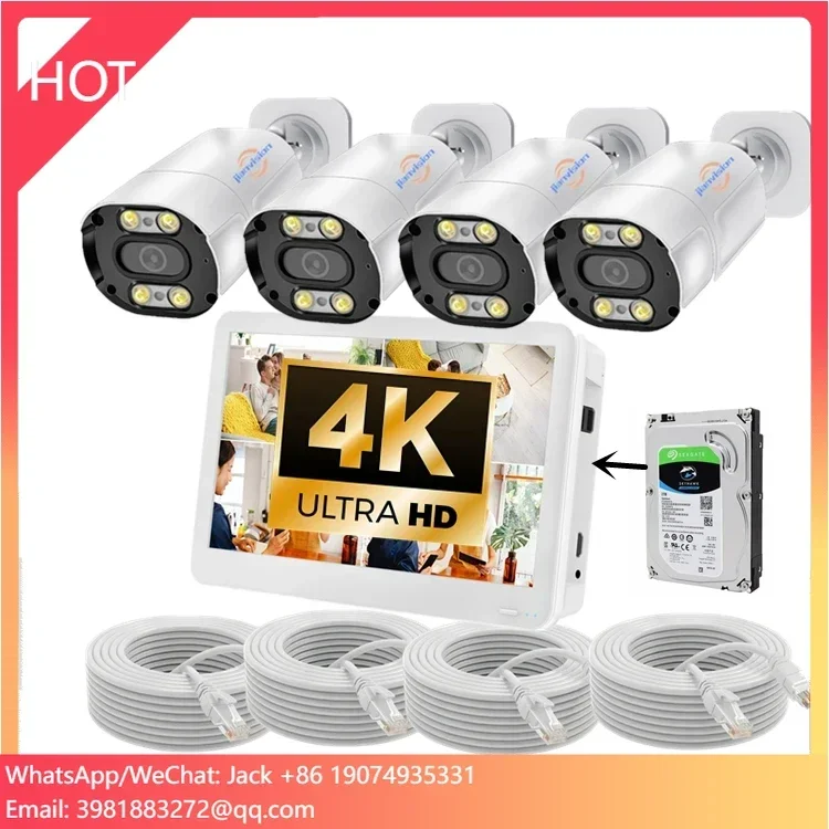 نظام كاميرا Jianvision 4K 8MP IP 4 قنوات تطبيق خارجي مع شاشة NVR وقرص القرص الصلب مقاس 12 بوصة