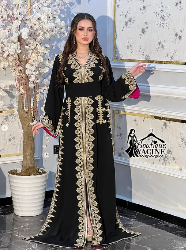 قفطان إسلامي كريب فساتين رسمية للحفلات الراقصة مزين بالدانتيل الذهبي وأكمام طويلة مخصصة للمناسبات المسائية قفطان مغربي