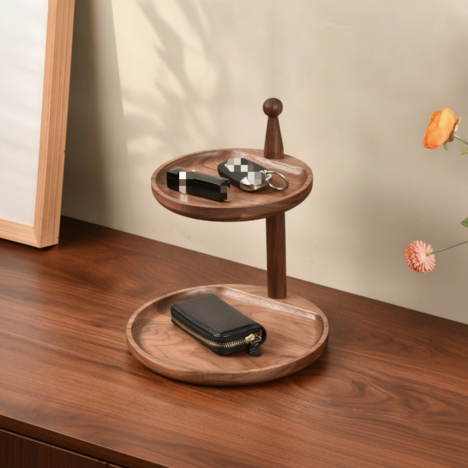 Wooden Organizer with Trays Round Tiered Tray Valet Tray Compact Elegant for Dresser, Entryway