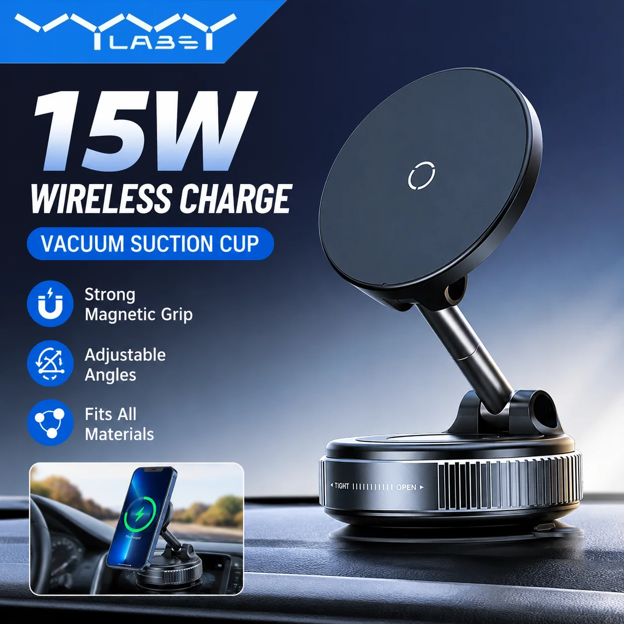 Vyvylabs 15W Wireless Charging Vacuum Suction Magnetic Phone Holder Stretchable 360° Rotation Car Desk Mount for iPhone 17 16 15