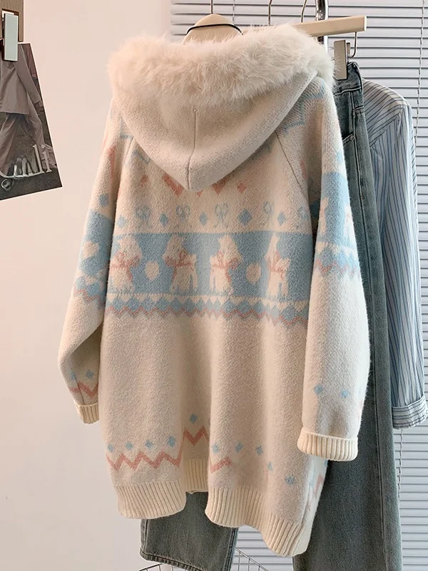 لينة Thiened الخريف الشتاء تصميم الإحساس المرأة تريكو سترة سترة معطف مع الفراء طوق مطرزة فضفاضة تناسب #3