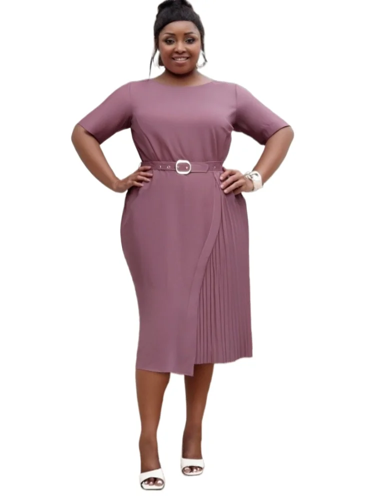 2026 New Women Elegant African Short Sleeve Fold Party Evening Black Midi Dress with Belt Office Lady Work Ankara Party Vestidos