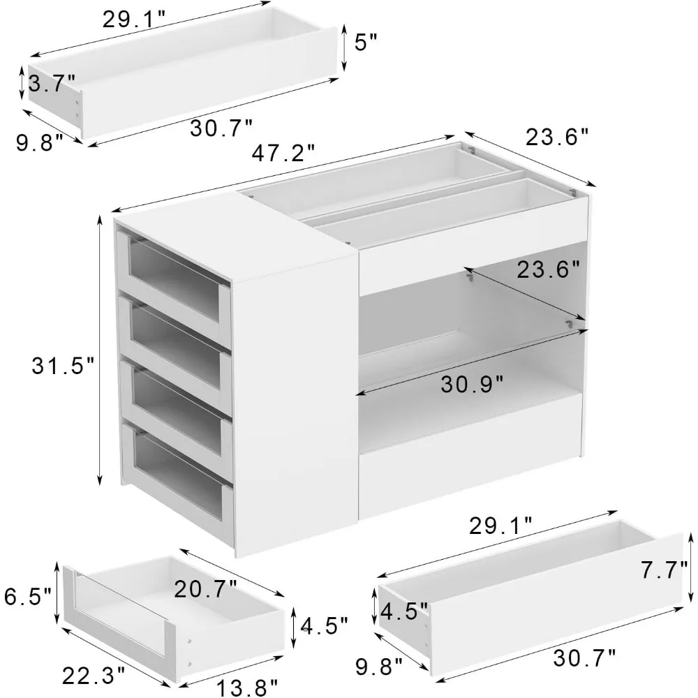 Closet Island, 23.6” with 8 Drawers and Glass Top, Dresser with Display Shelves,Bedroom Cloakroom Storage Island,Island Wardrobe