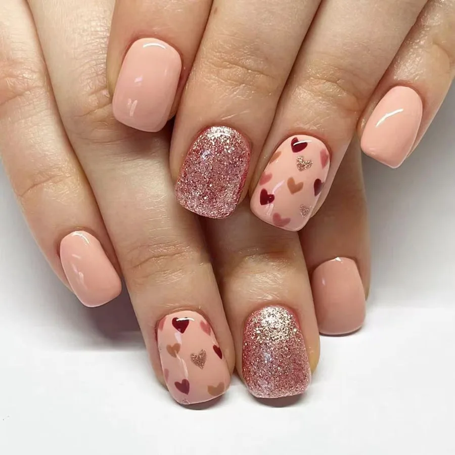 

24Pcs Short Square Head Fake Nails Press on Love Heart Shiny Powder Design Full Cover Nails Tips Detachable Finished False Nails