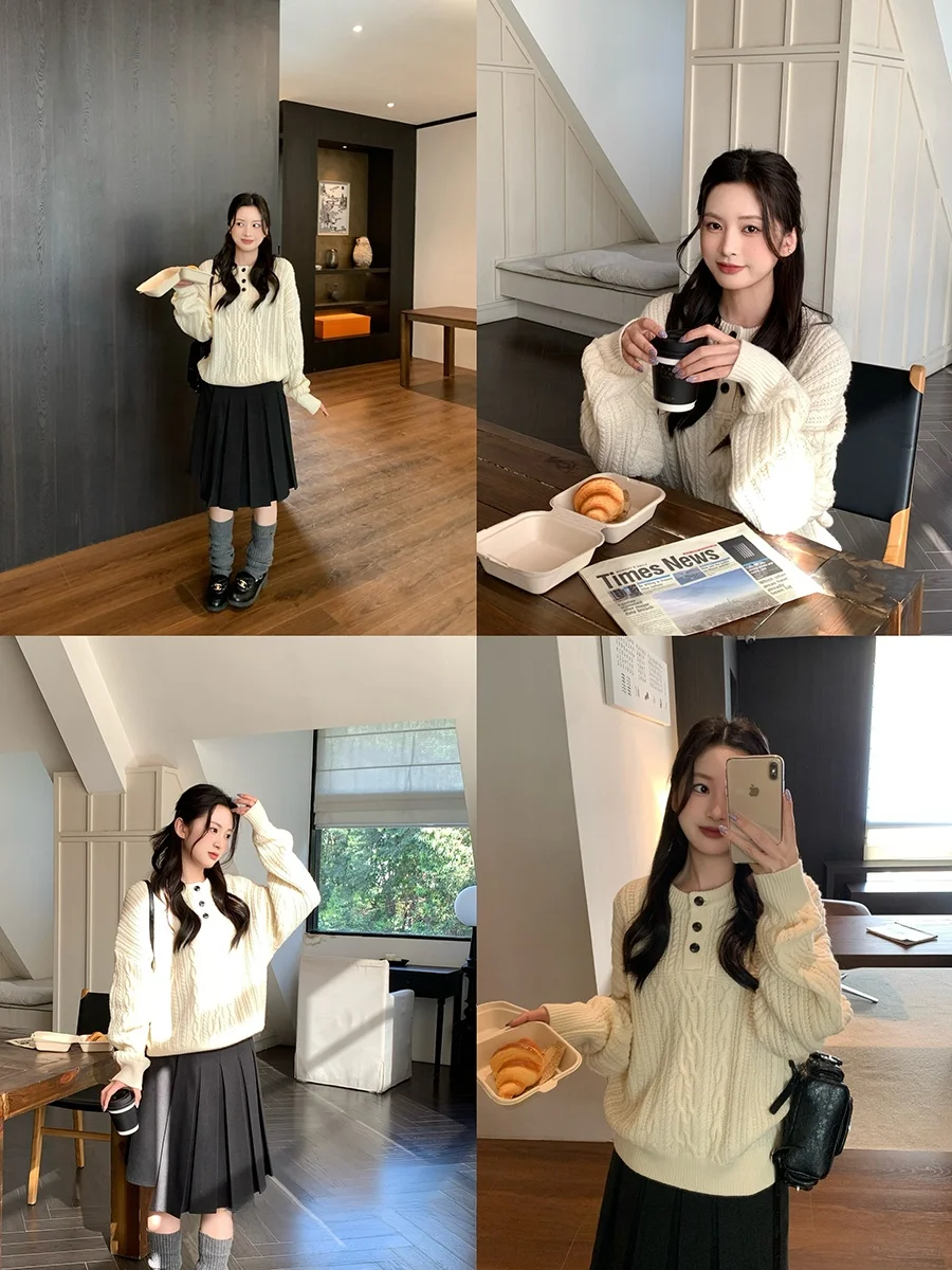 

Loose Women's Knitted Sweater Twist Flower Advanced Feeling Winter Inner Wear Outerwear Casual Sle Long Sve Regular Length