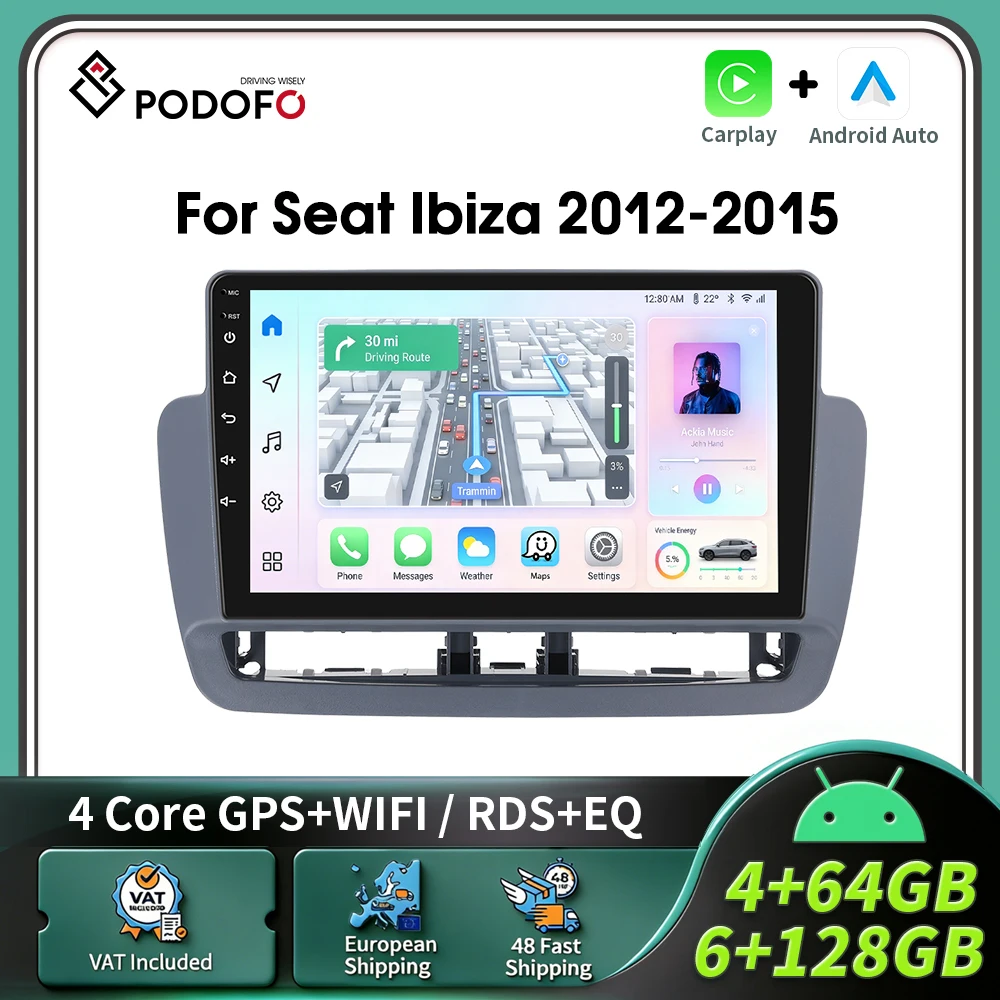Autoradio Podofo CarPlay Android per Seat Ibiza 2012-2015, sistema intelligente per auto 2 Din, lettore multimediale GPS, BT, FM