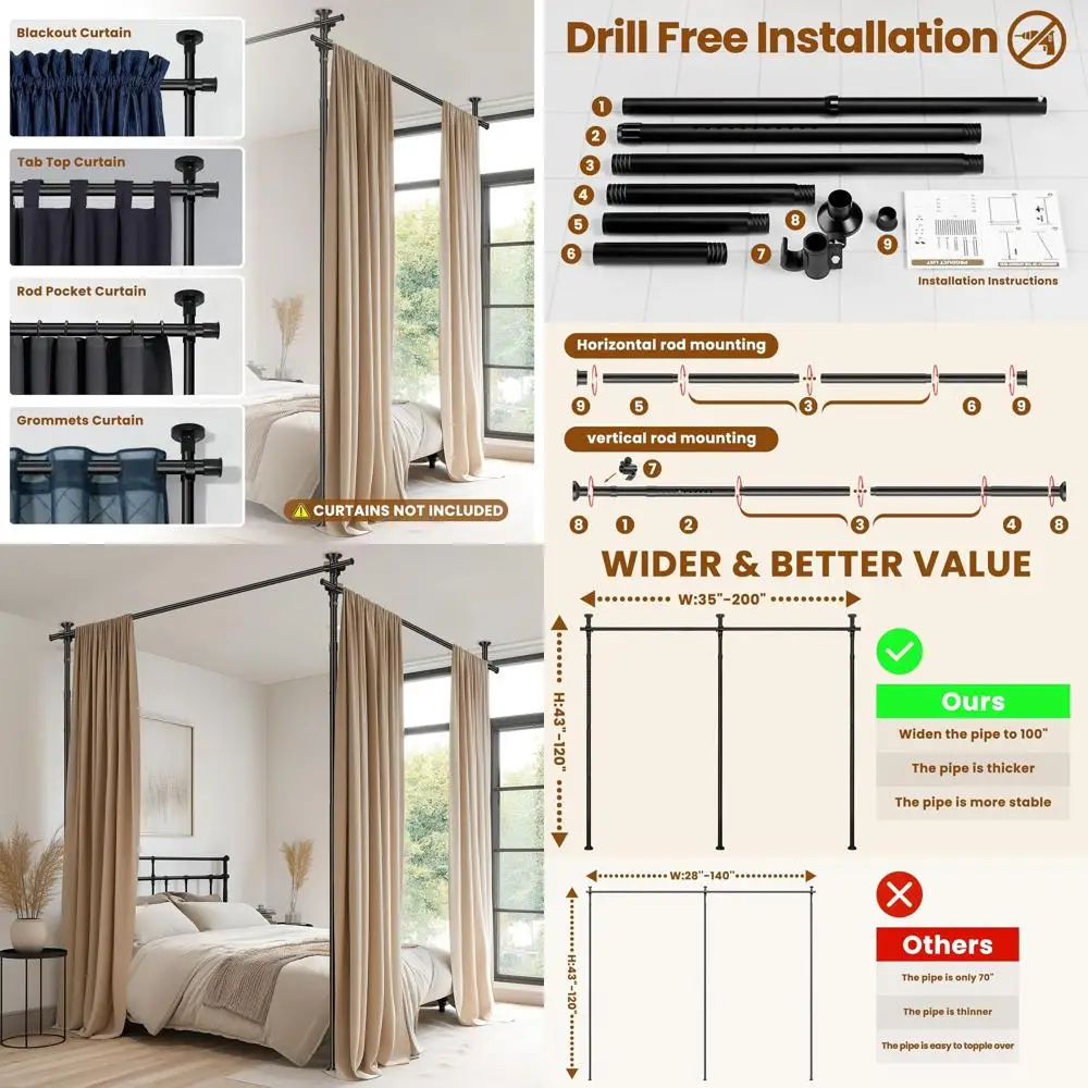 

Adjustable Black Curtain Rod for Room Dividers, 72-200 Wide x 43-120 High, No-Drilling Needed